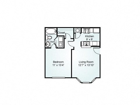Floor plan for 1 bed, 1 bath, 591 sqft